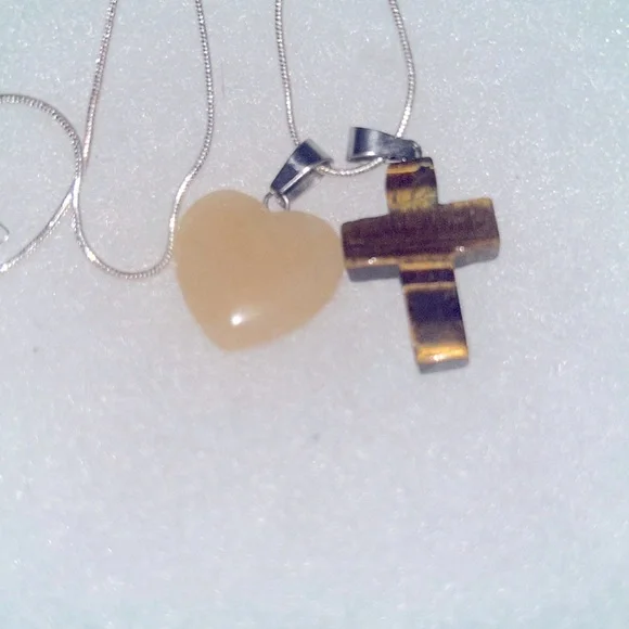 Boho Hippie Tigers Eye Cross and Aventurine Heart Sterling Silver Necklace 18” - Picture 6 of 6